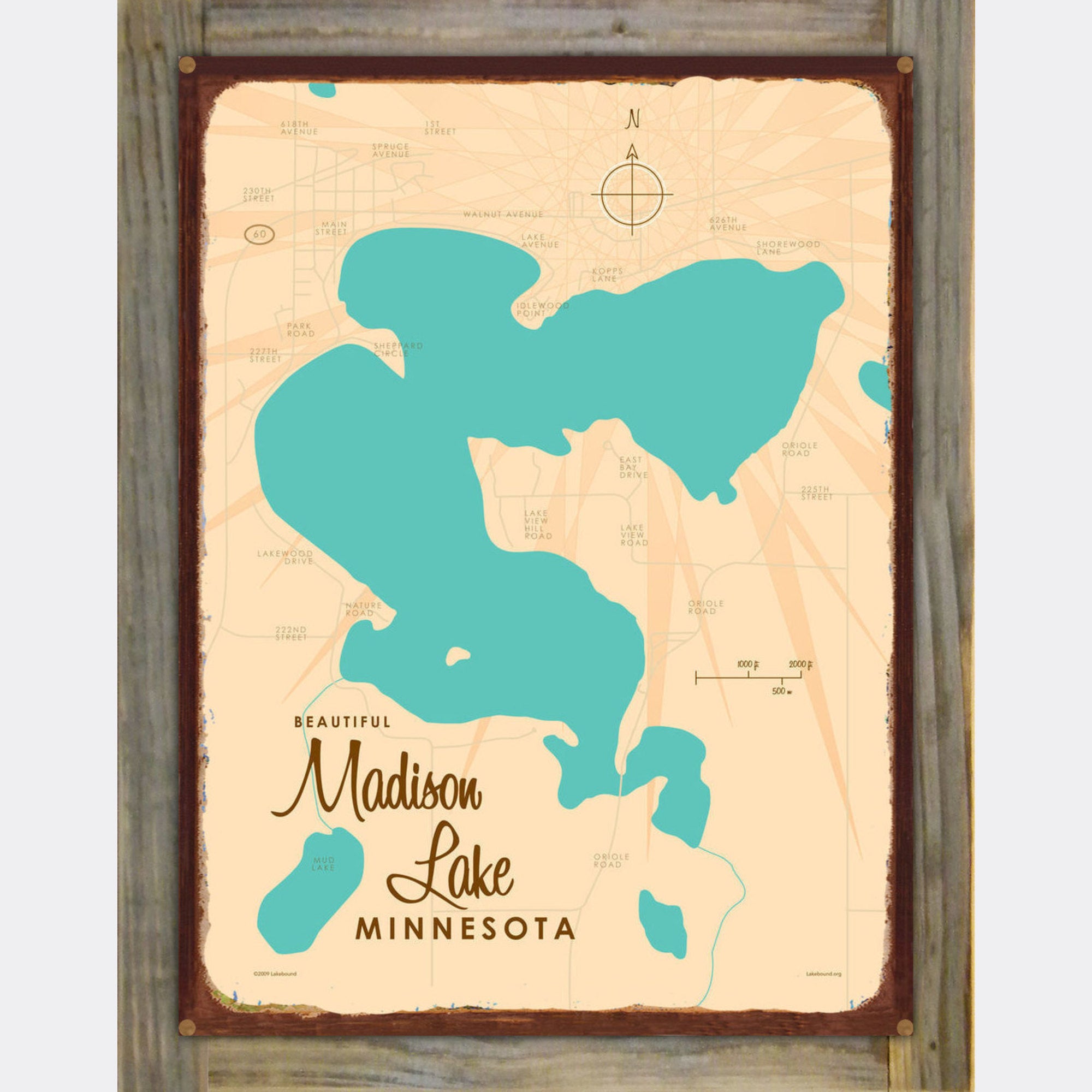 Madison Lake Minnesota, Wood-Mounted Rustic Metal Sign Map Art