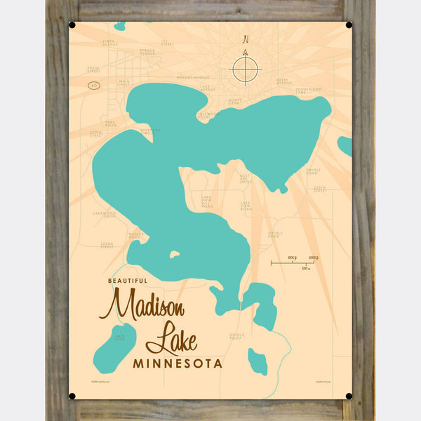 Madison Lake Minnesota, Wood-Mounted Metal Sign Map Art