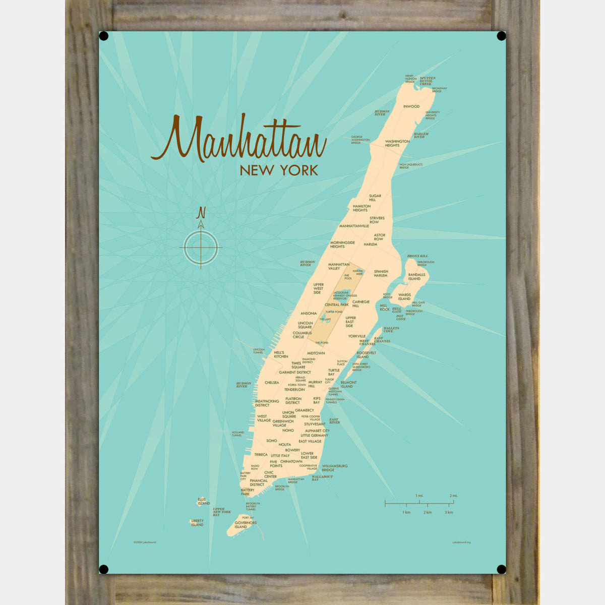 Manhattan New York, WoodMounted Metal Sign Map Art Lakebound®