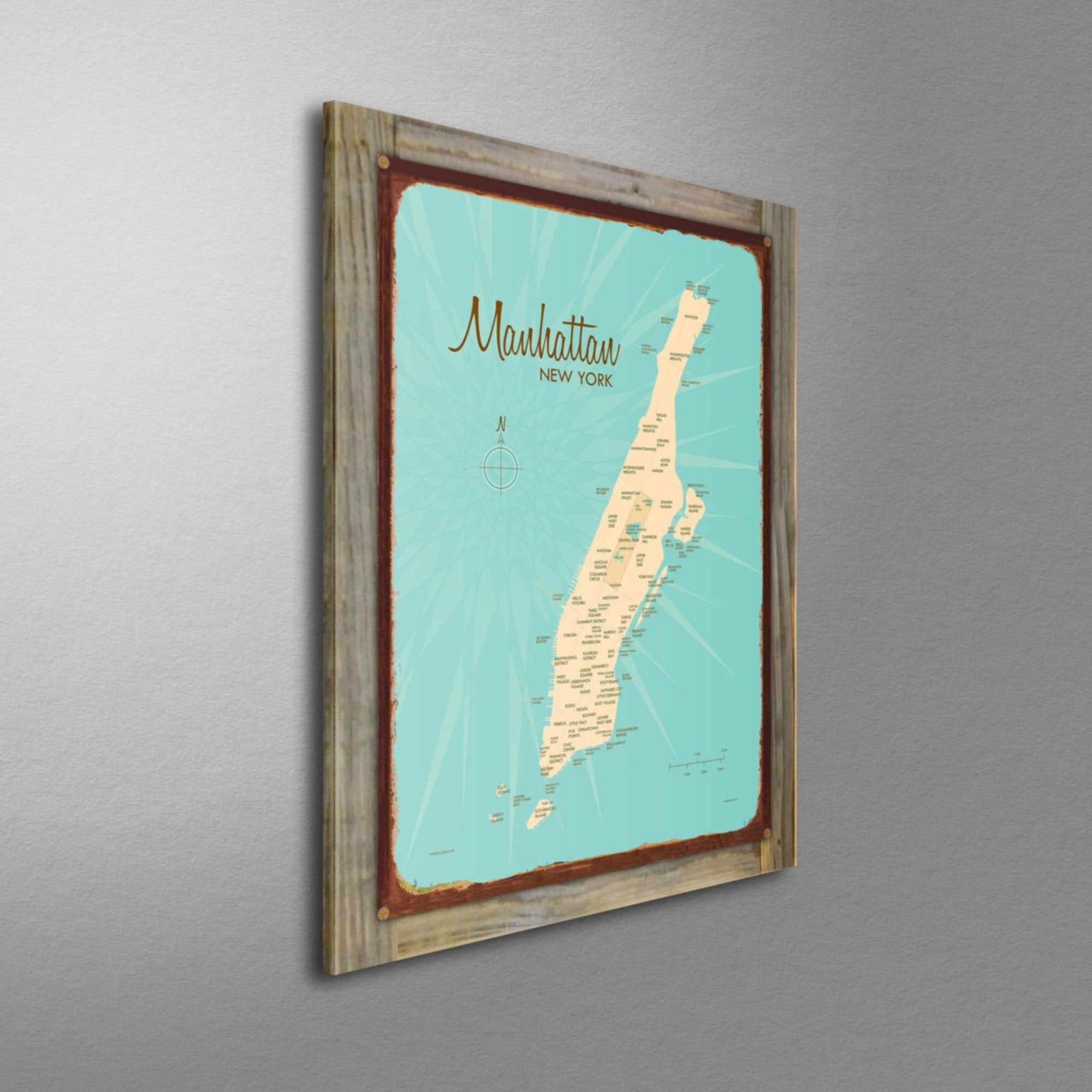 Manhattan New York, Wood-Mounted Rustic Metal Sign Map Art