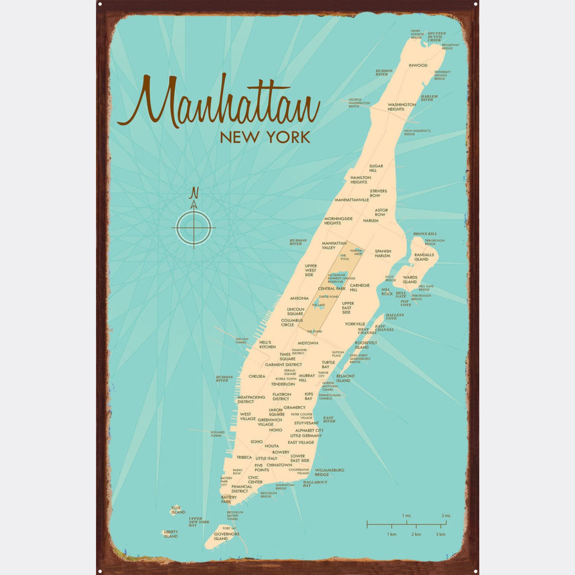 Manhattan New York, Rustic Metal Sign Map Art