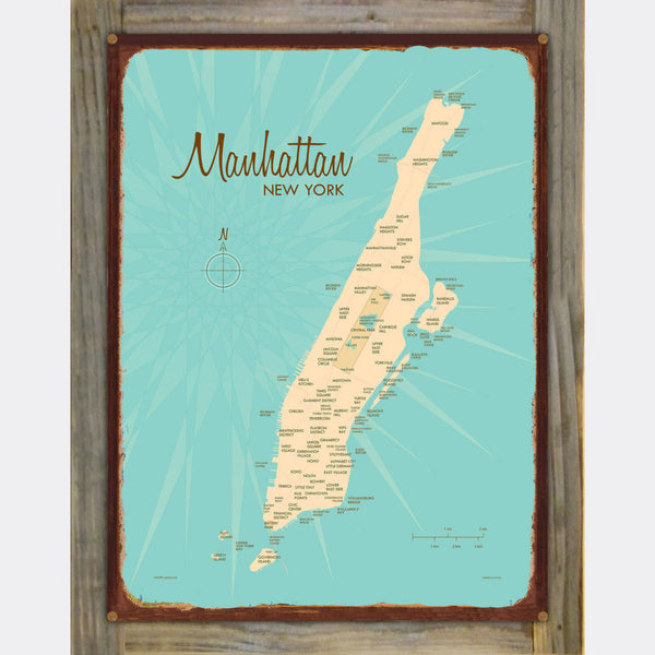 Manhattan New York, Wood-Mounted Rustic Metal Sign Map Art