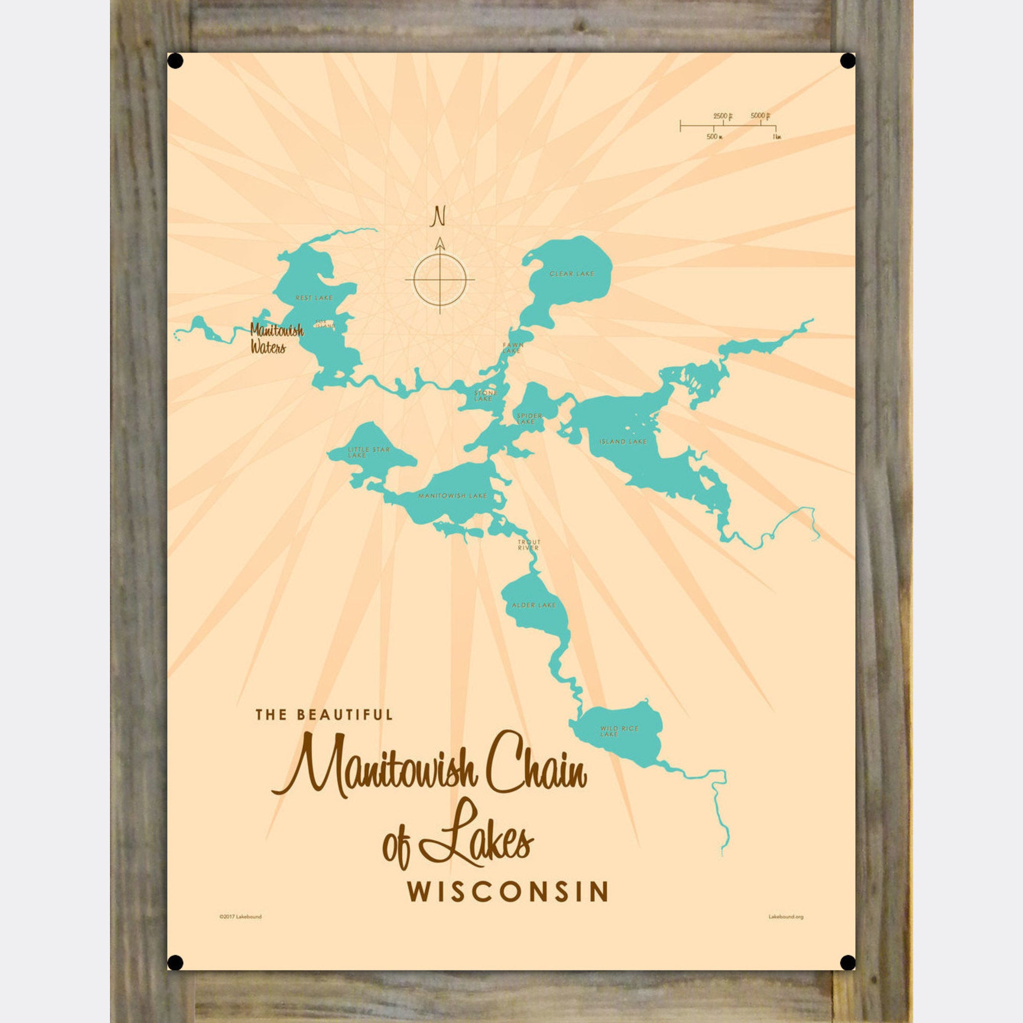 Manitowish Chain of Lakes Wisconsin, Wood-Mounted Metal Sign Map Art