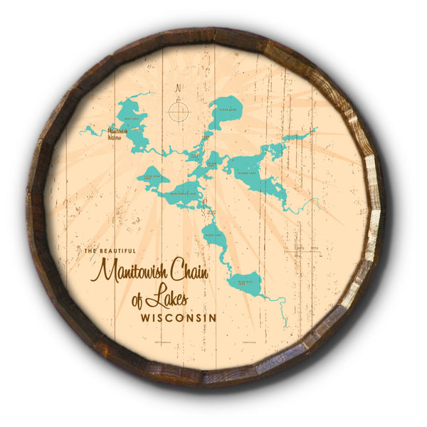 Manitowish Chain of Lakes Wisconsin, Rustic Barrel End Map Art