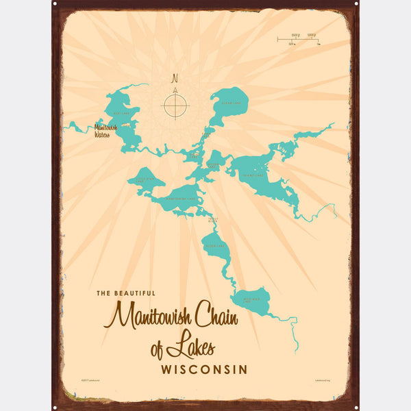 Manitowish Chain of Lakes Wisconsin, Rustic Metal Sign Map Art