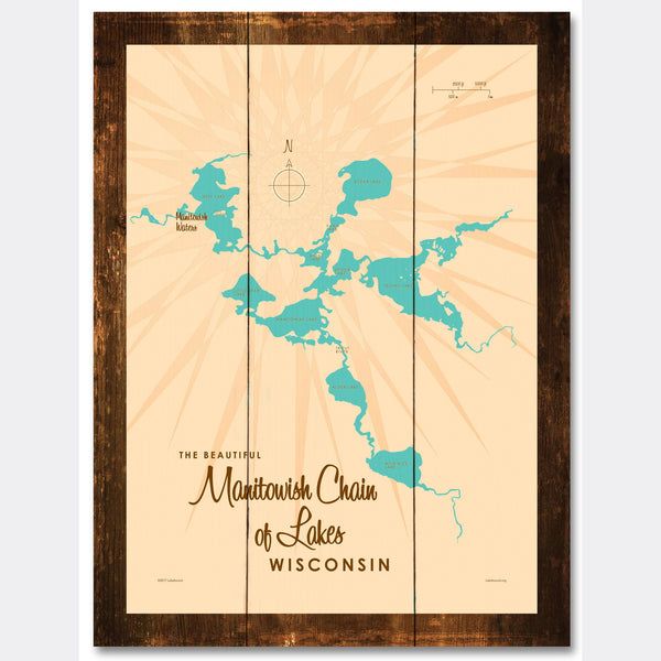 Manitowish Chain of Lakes Wisconsin, Rustic Wood Sign Map Art