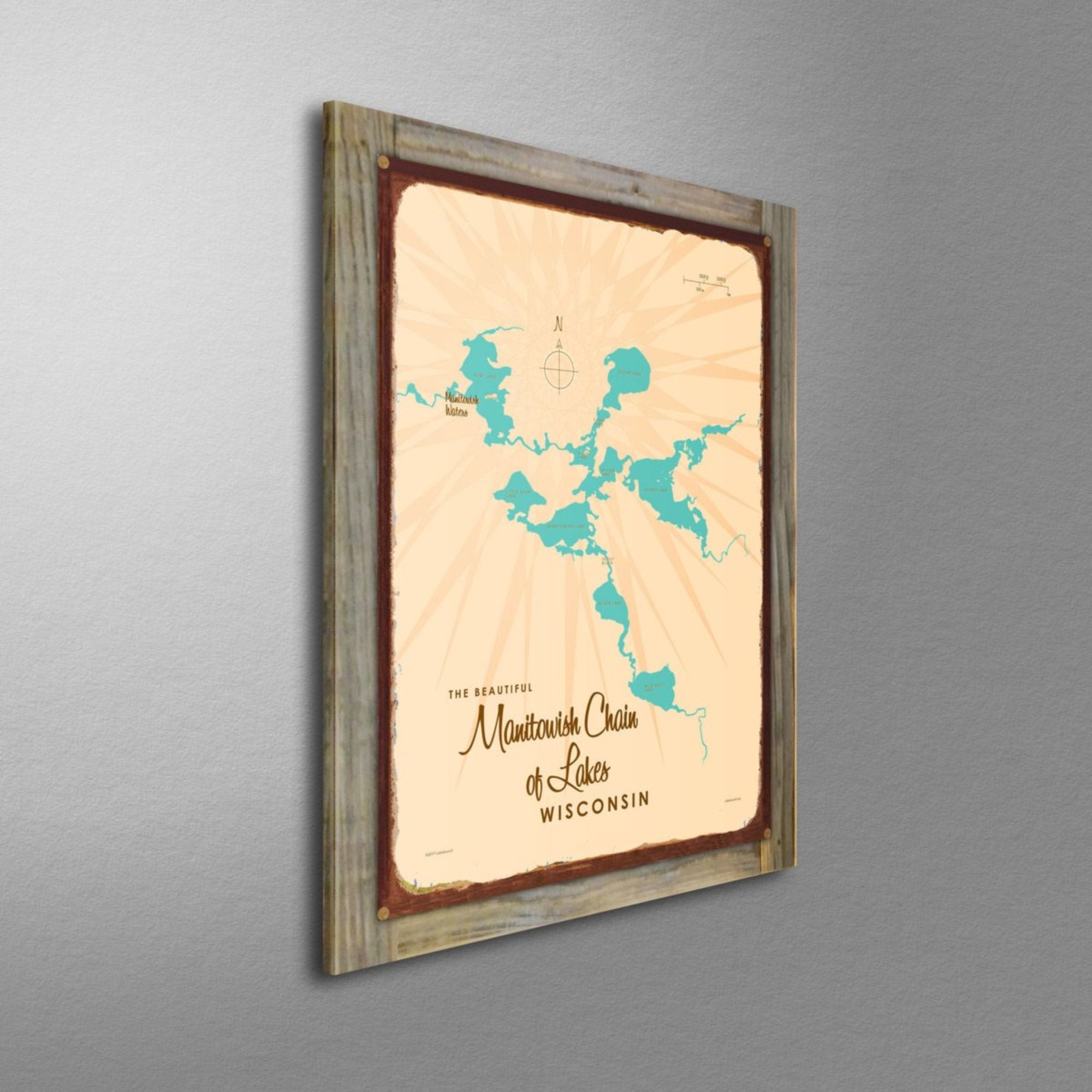 Manitowish Chain of Lakes Wisconsin, Wood-Mounted Rustic Metal Sign Map Art
