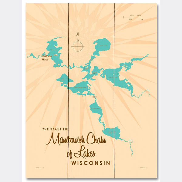 Manitowish Chain of Lakes Wisconsin, Wood Sign Map Art