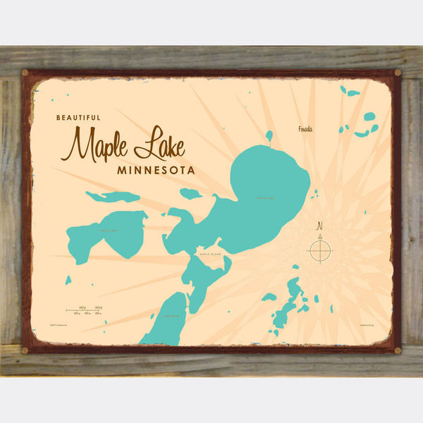 Maple Lake Minnesota, Wood-Mounted Rustic Metal Sign Map Art
