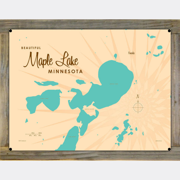 Maple Lake Minnesota, Wood-Mounted Metal Sign Map Art
