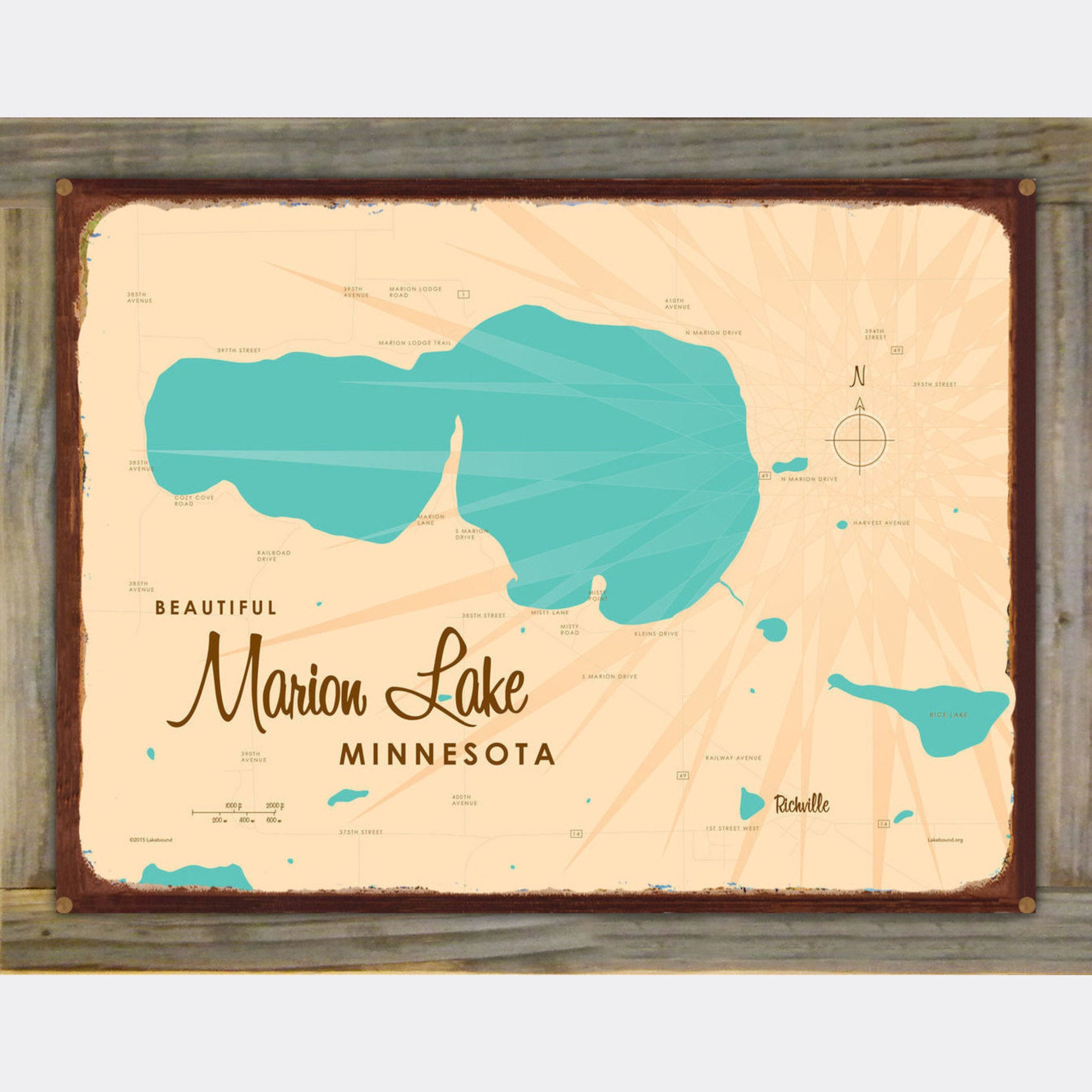 Marion Lake Minnesota, Wood-Mounted Rustic Metal Sign Map Art