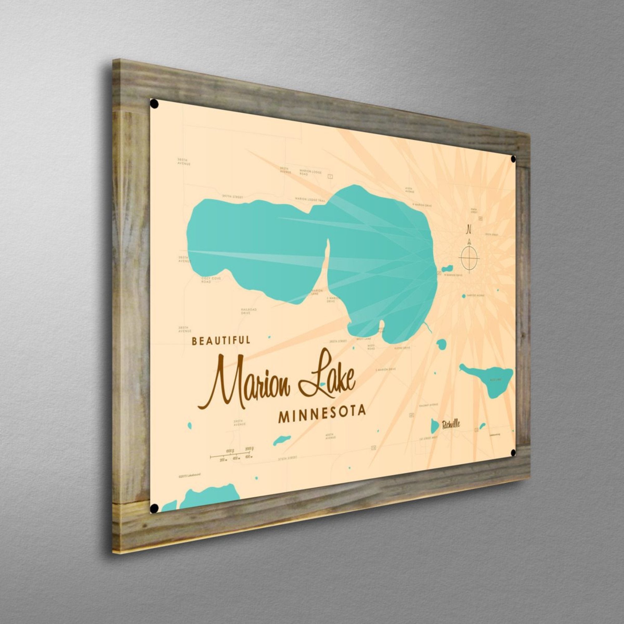 Marion Lake Minnesota, Wood-Mounted Metal Sign Map Art