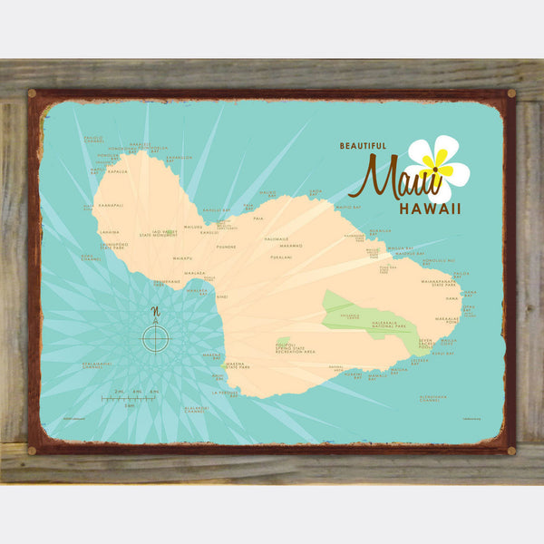 Maui Hawaii, Wood-Mounted Rustic Metal Sign Map Art
