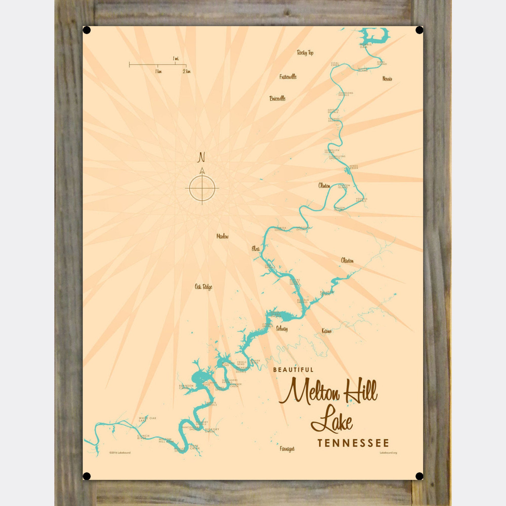 Melton Hill Lake Tennessee, Wood-Mounted Metal Sign Map Art