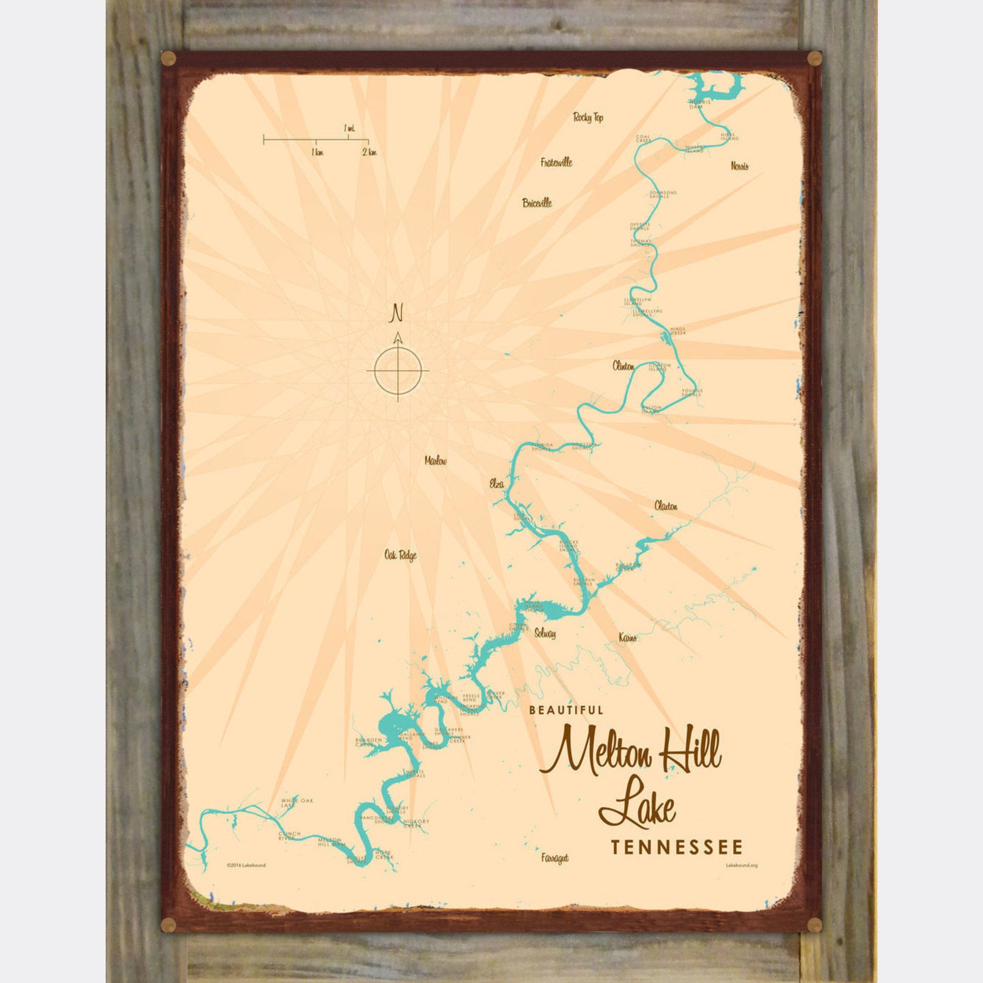 Melton Hill Lake Tennessee, Wood-Mounted Rustic Metal Sign Map Art