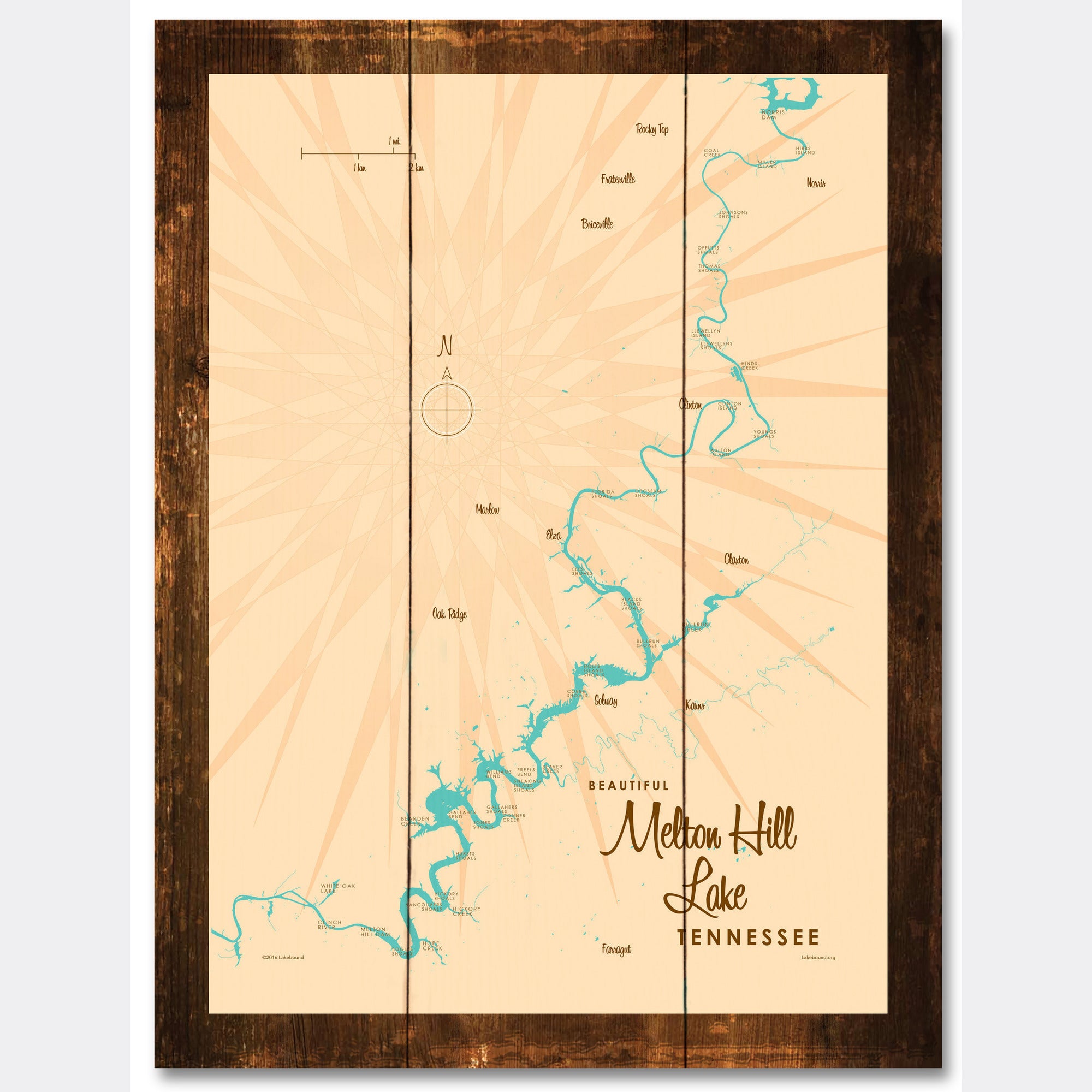 Melton Hill Lake Tennessee, Rustic Wood Sign Map Art