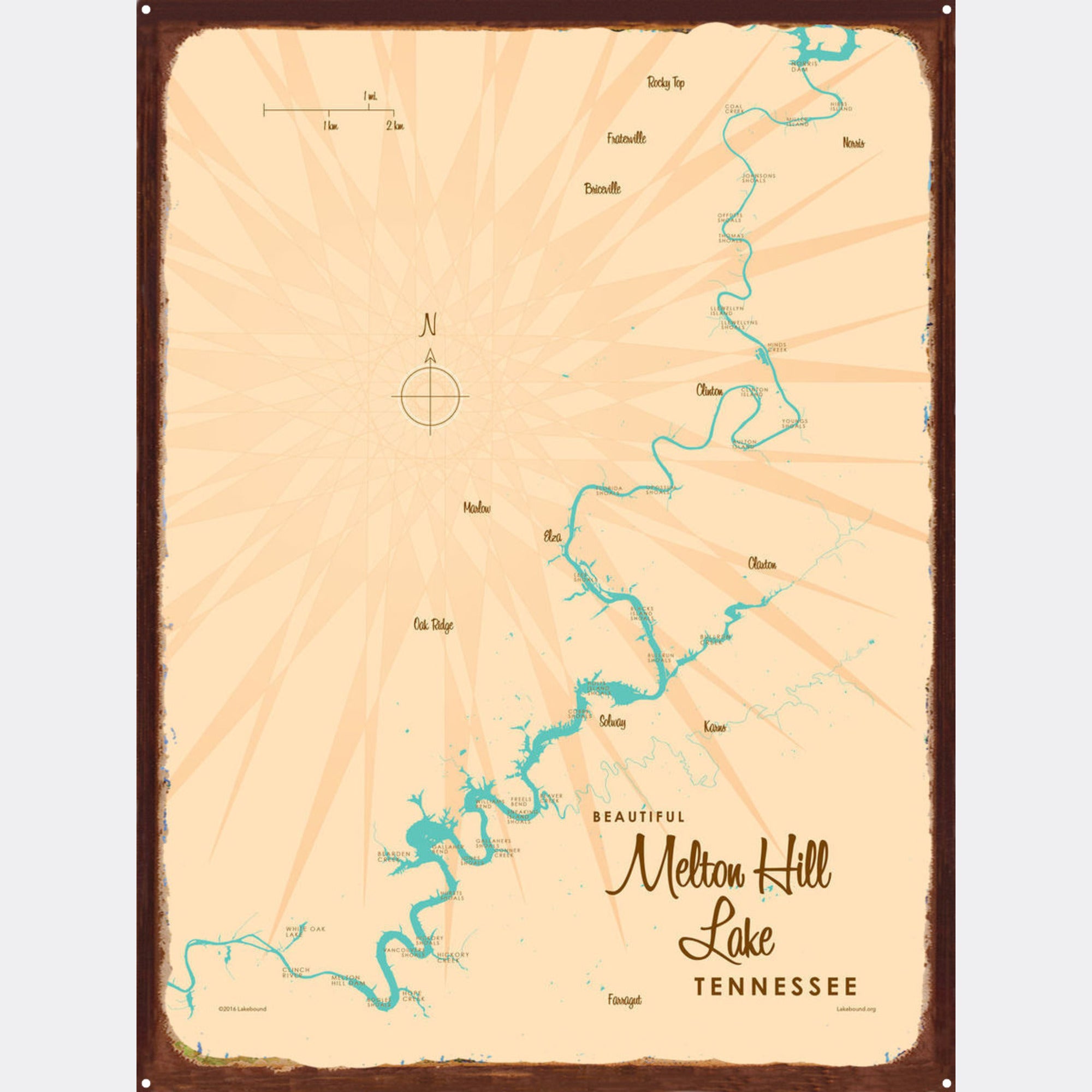 Melton Hill Lake Tennessee, Rustic Metal Sign Map Art