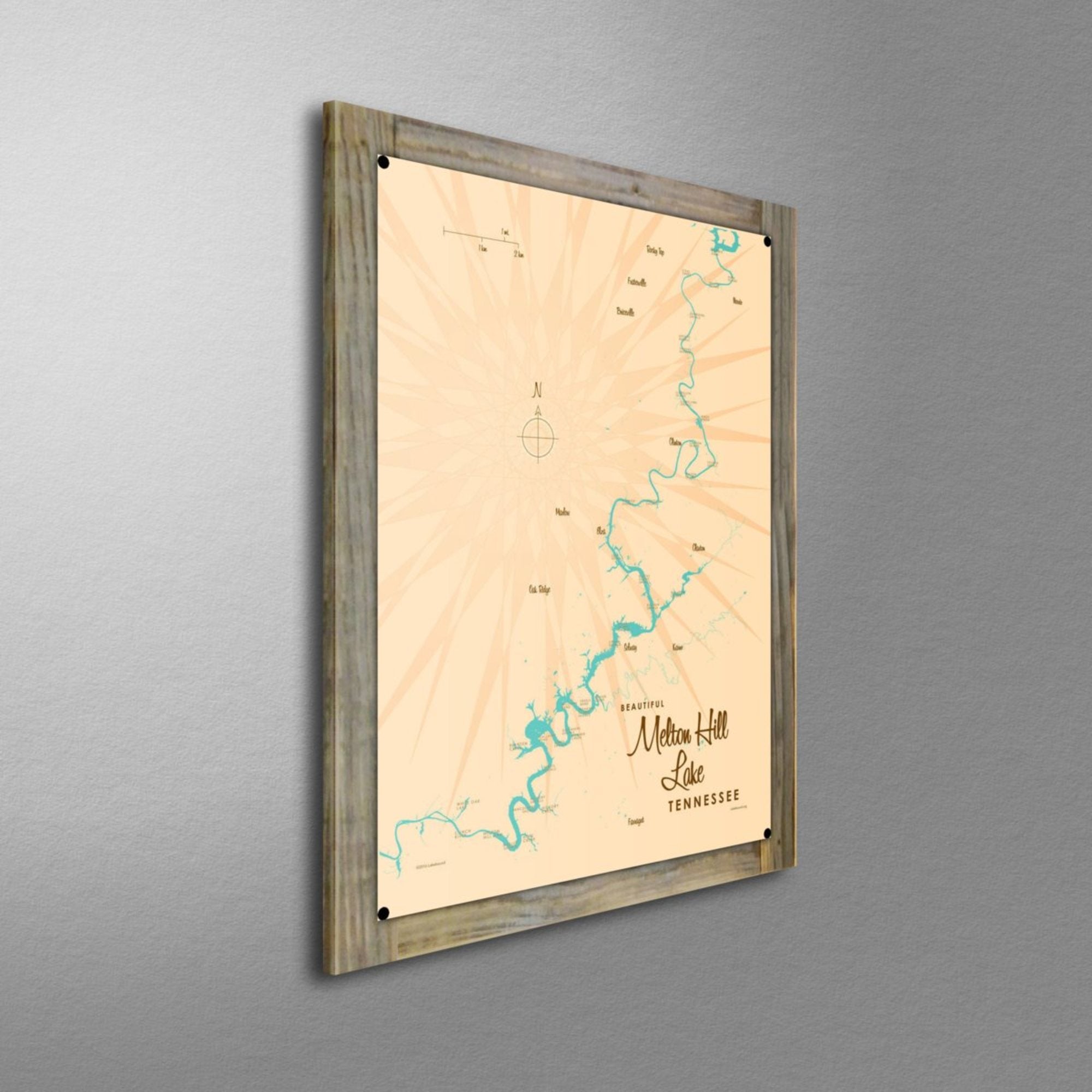Melton Hill Lake Tennessee, Wood-Mounted Metal Sign Map Art