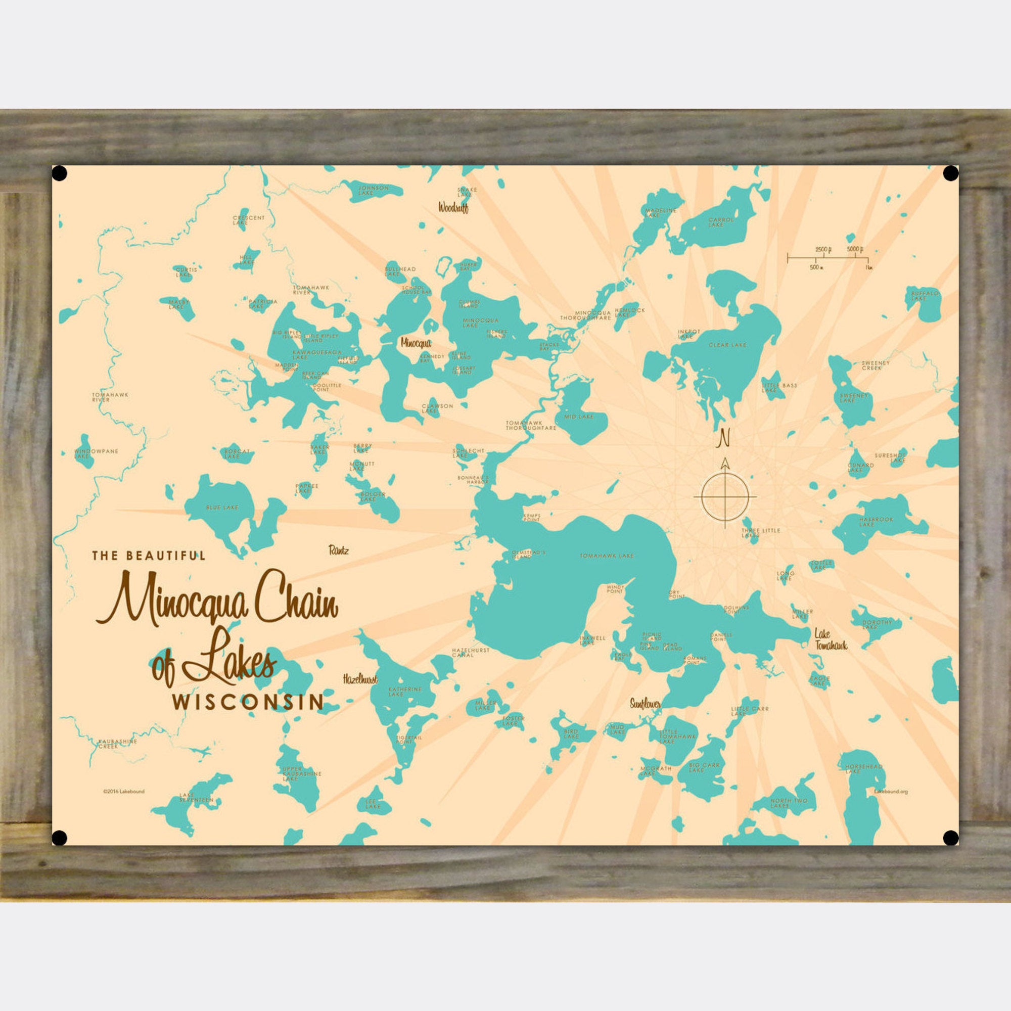 Minocqua Chain of Lakes Wisconsin, Wood-Mounted Metal Sign Map Art