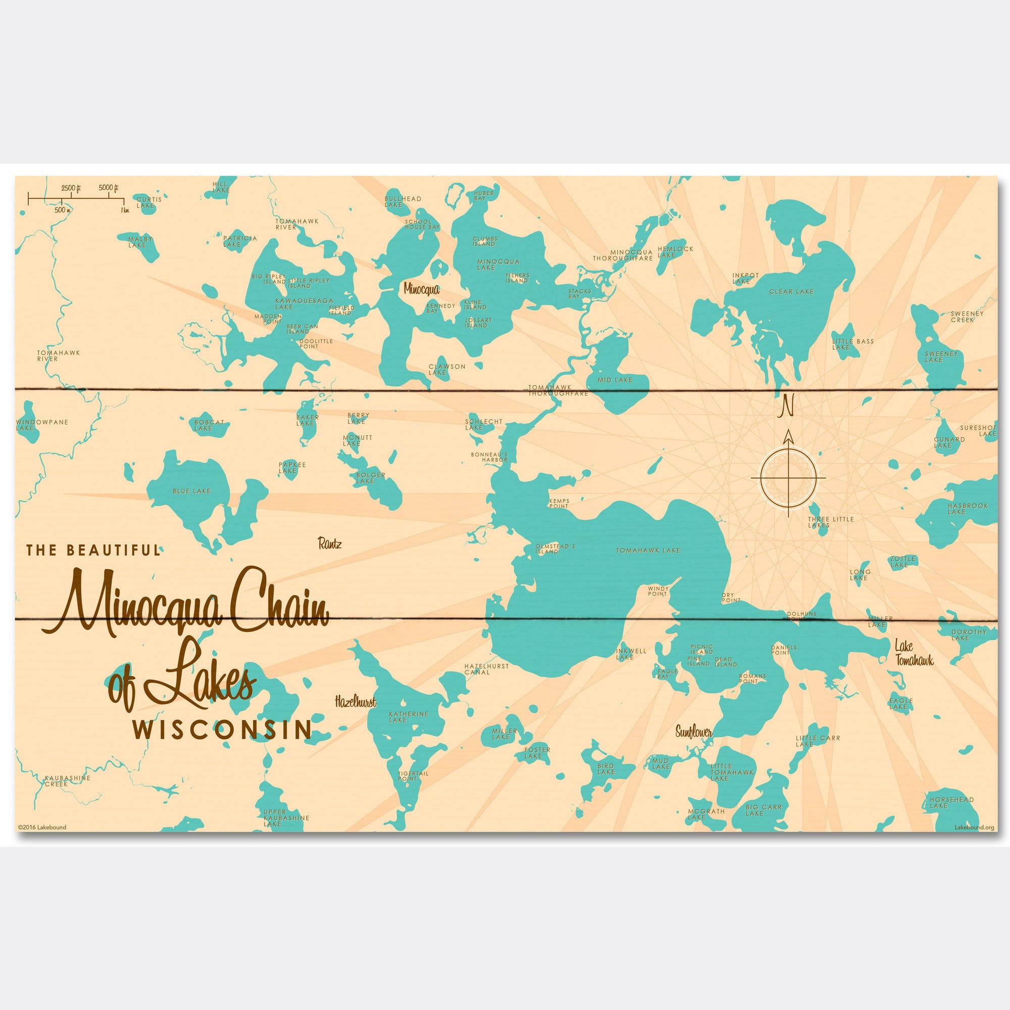 Minocqua Chain Wisconsin, Wood Sign Map Art
