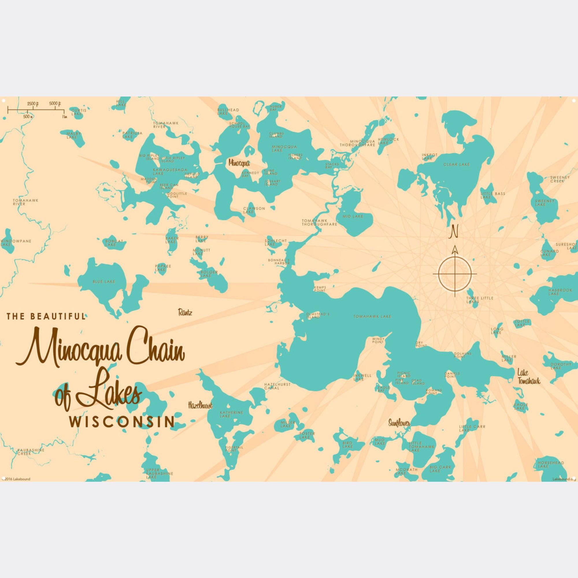 Minocqua Chain of Lakes Wisconsin, Metal Sign Map Art