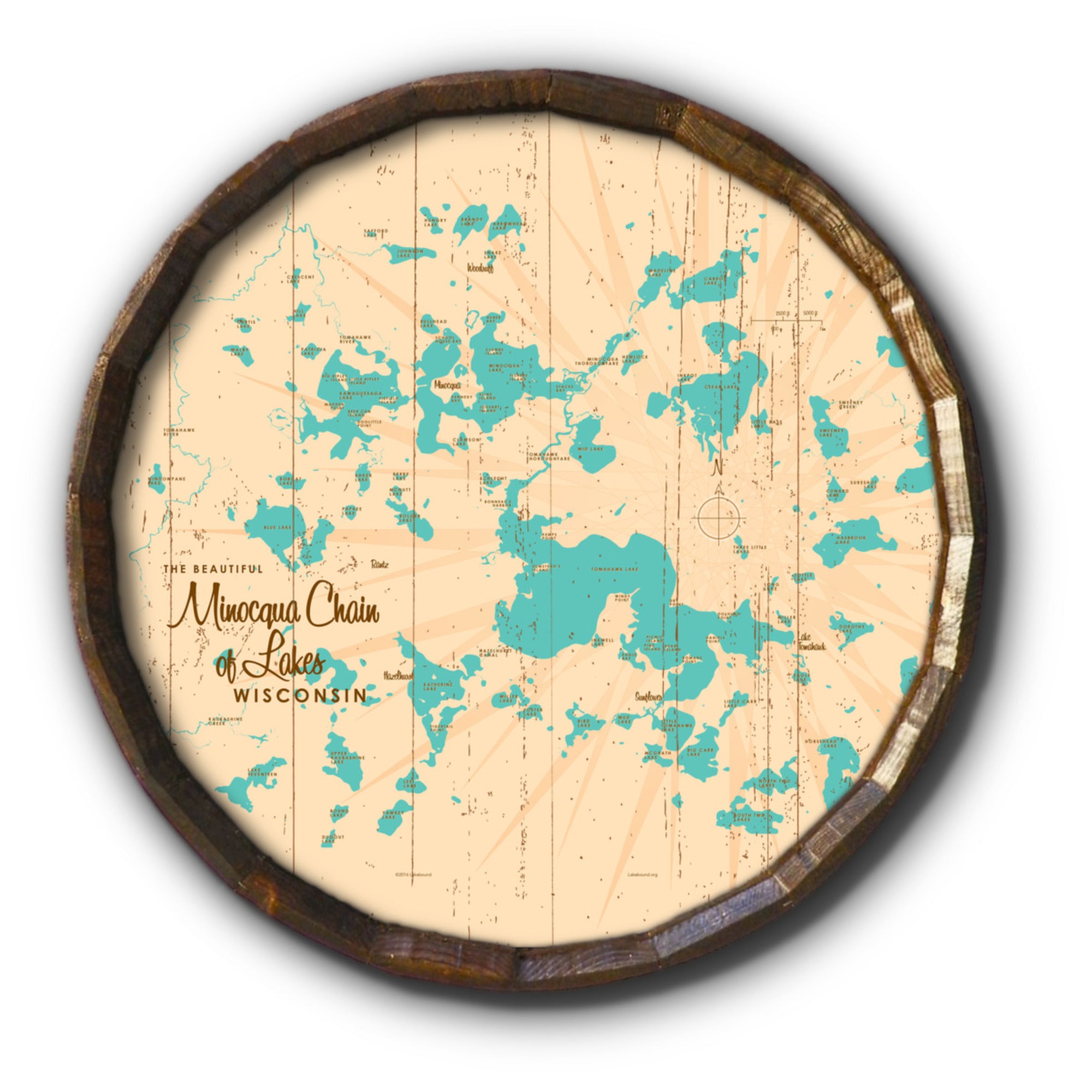 Minocqua Chain Wisconsin, Rustic Barrel End Map Art