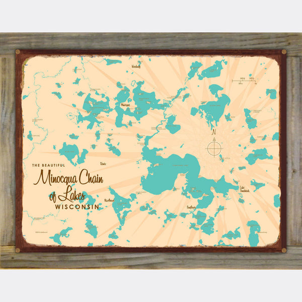 Minocqua Chain of Lakes Wisconsin, Wood-Mounted Rustic Metal Sign Map Art