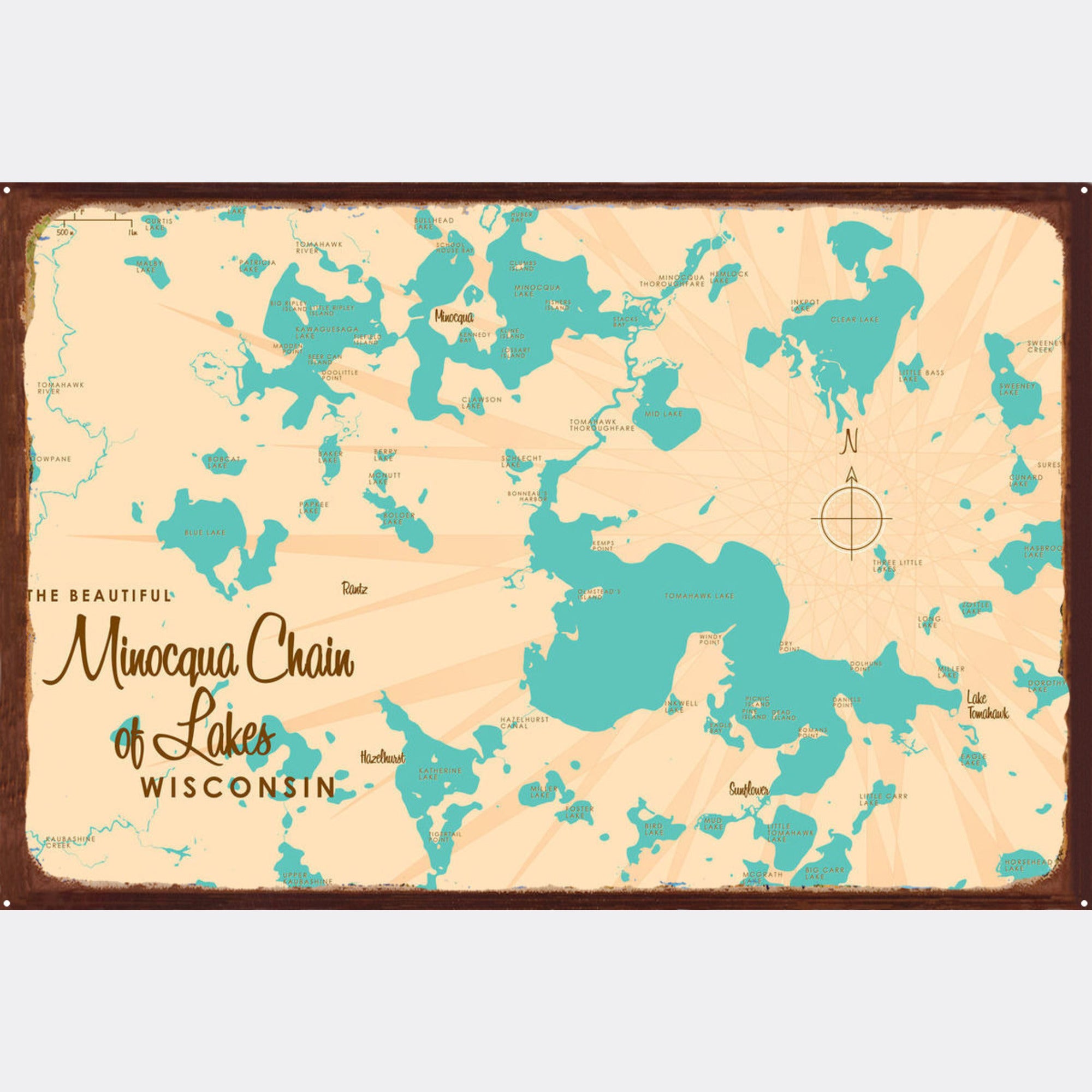 Minocqua Chain of Lakes Wisconsin, Rustic Metal Sign Map Art