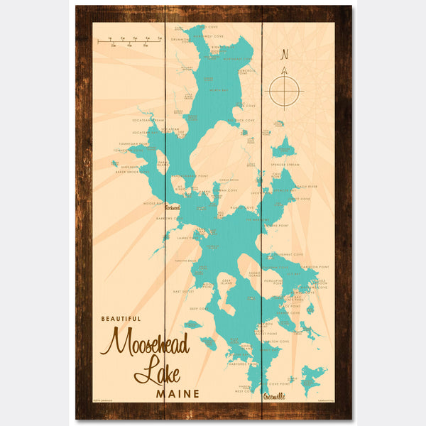 Moosehead Lake Maine, Rustic Wood Sign Map Art