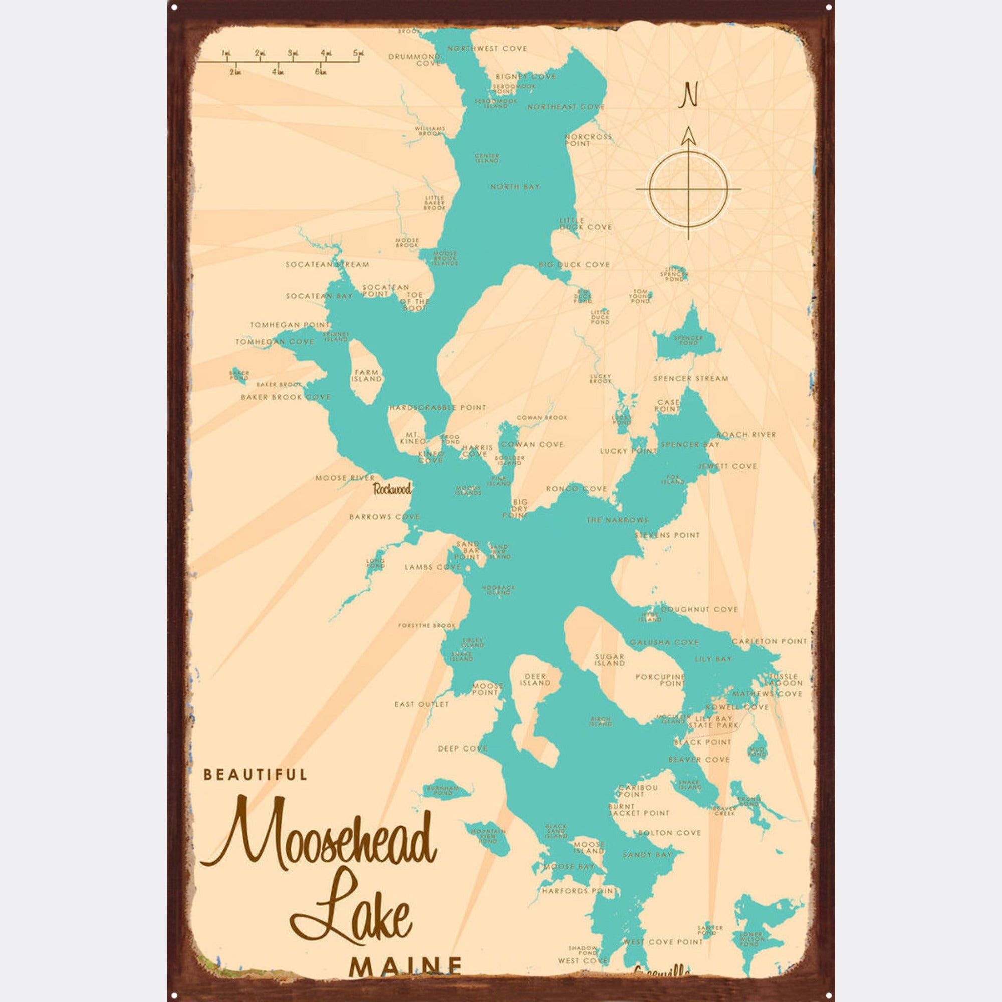 Moosehead Lake Maine, Rustic Metal Sign Map Art