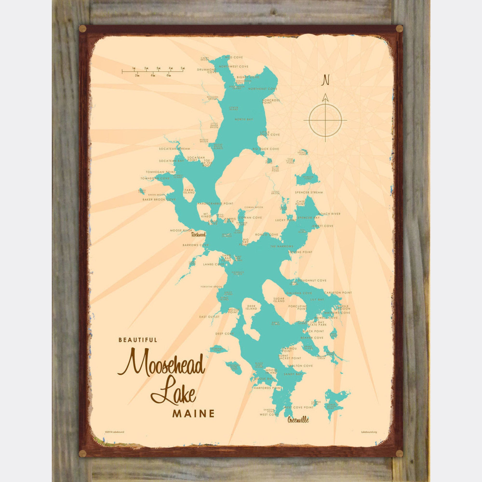 Moosehead Lake Maine, Wood-Mounted Rustic Metal Sign Map Art