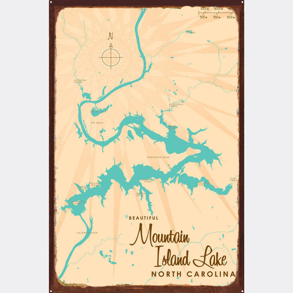 Mountain Island Lake North Carolina, Rustic Metal Sign Map Art