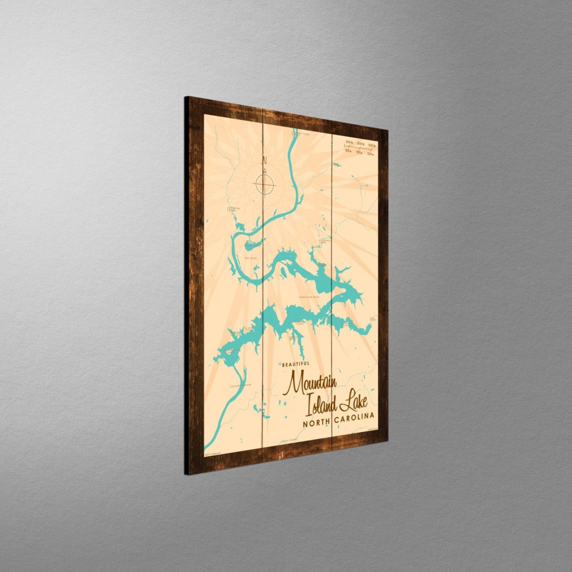 Mountain Island Lake North Carolina, Rustic Wood Sign Map Art