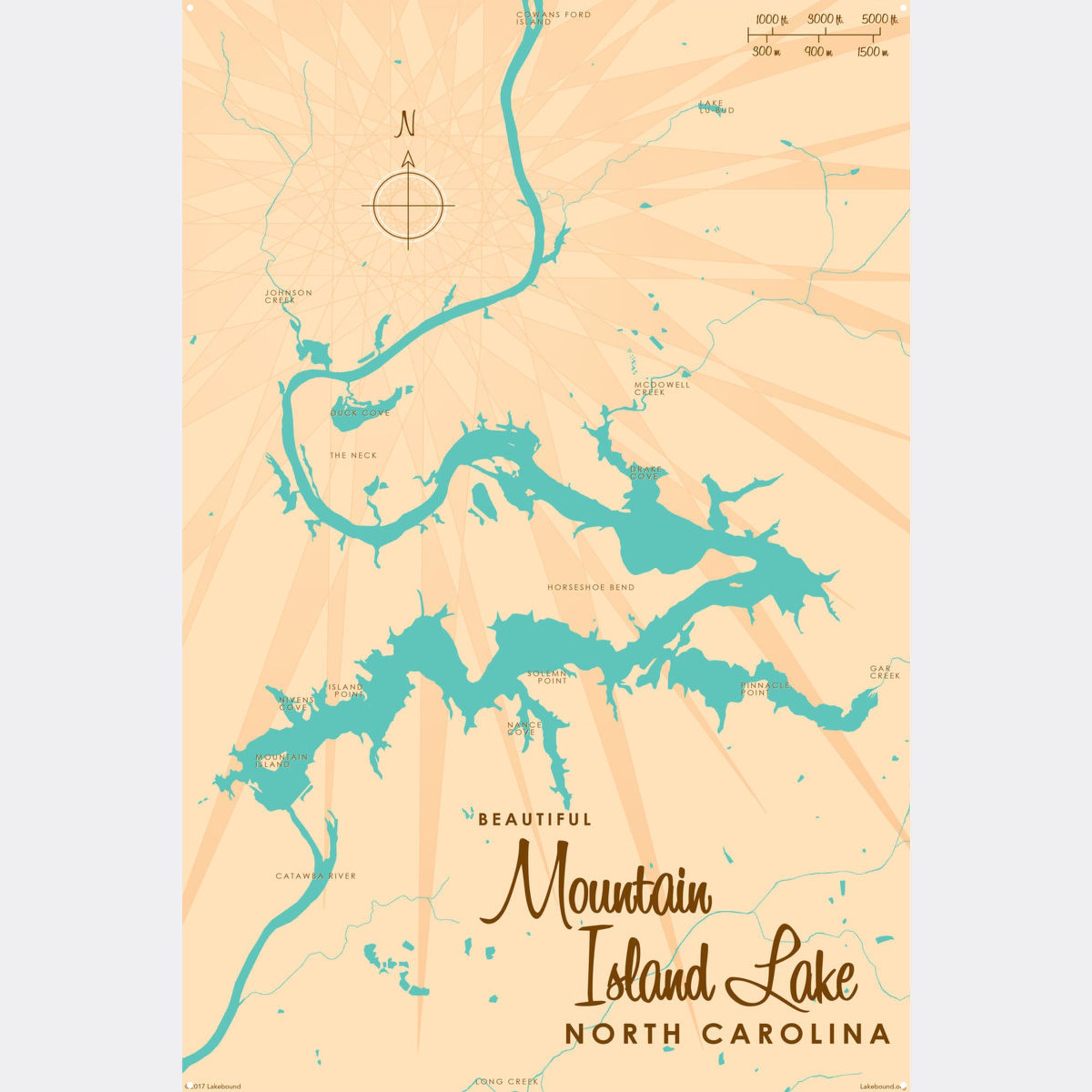 Mountain Island Lake North Carolina, Metal Sign Map Art