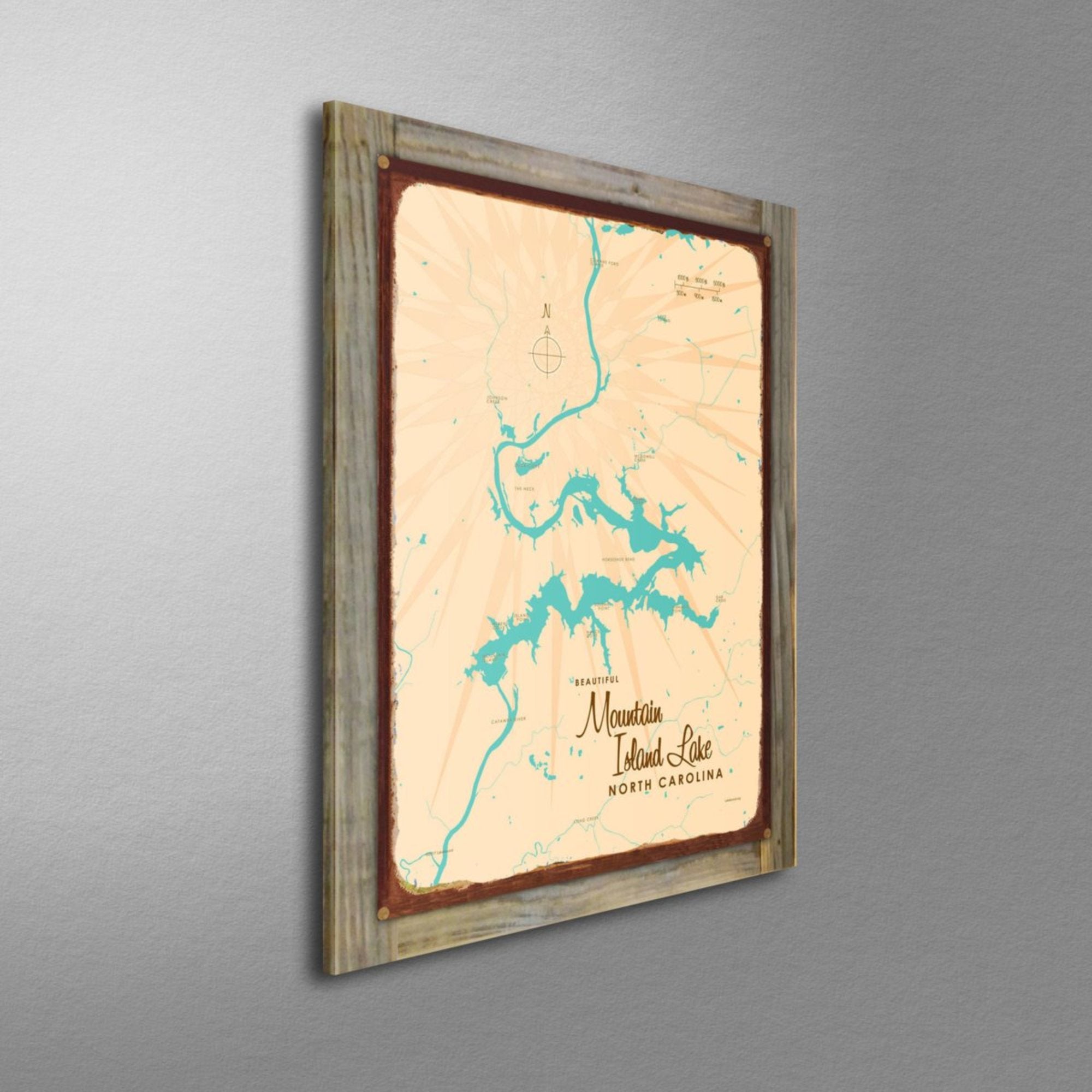 Mountain Island Lake North Carolina, Wood-Mounted Rustic Metal Sign Map Art
