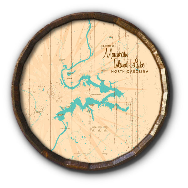 Mountain Island Lake North Carolina, Rustic Barrel End Map Art