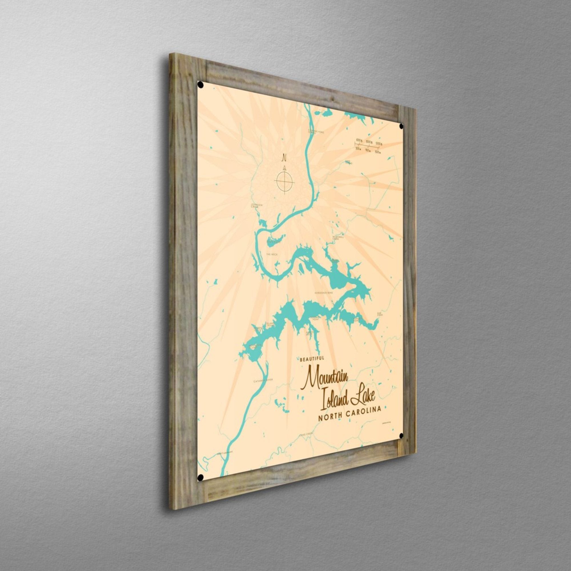 Mountain Island Lake North Carolina, Wood-Mounted Metal Sign Map Art