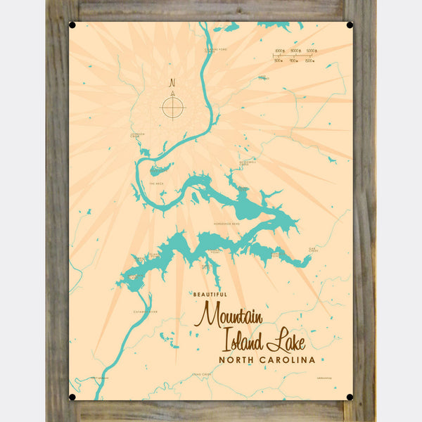 Mountain Island Lake North Carolina, Wood-Mounted Metal Sign Map Art
