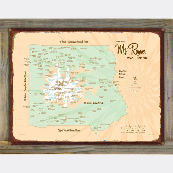 Mt. Rainier Washington, Wood-Mounted Rustic Metal Sign Map Art