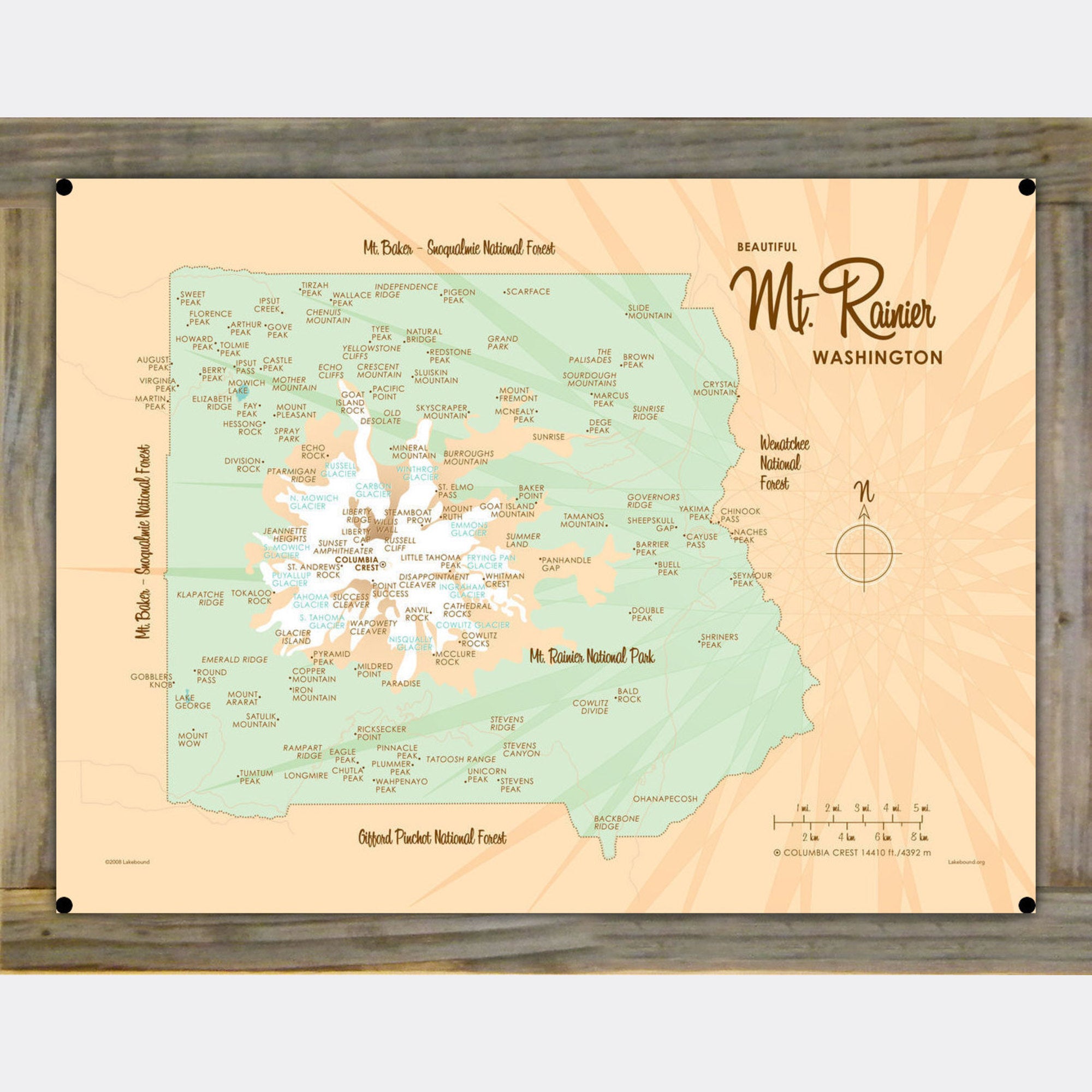 Mt. Rainier Washington, Wood-Mounted Metal Sign Map Art
