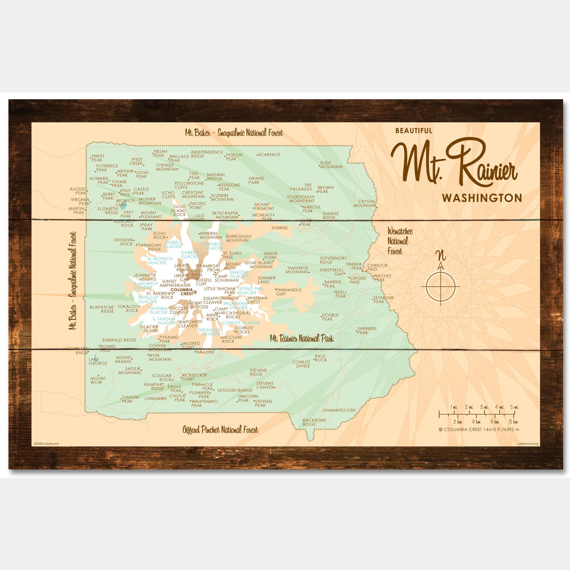 Mt. Rainier Washington, Rustic Wood Sign Map Art
