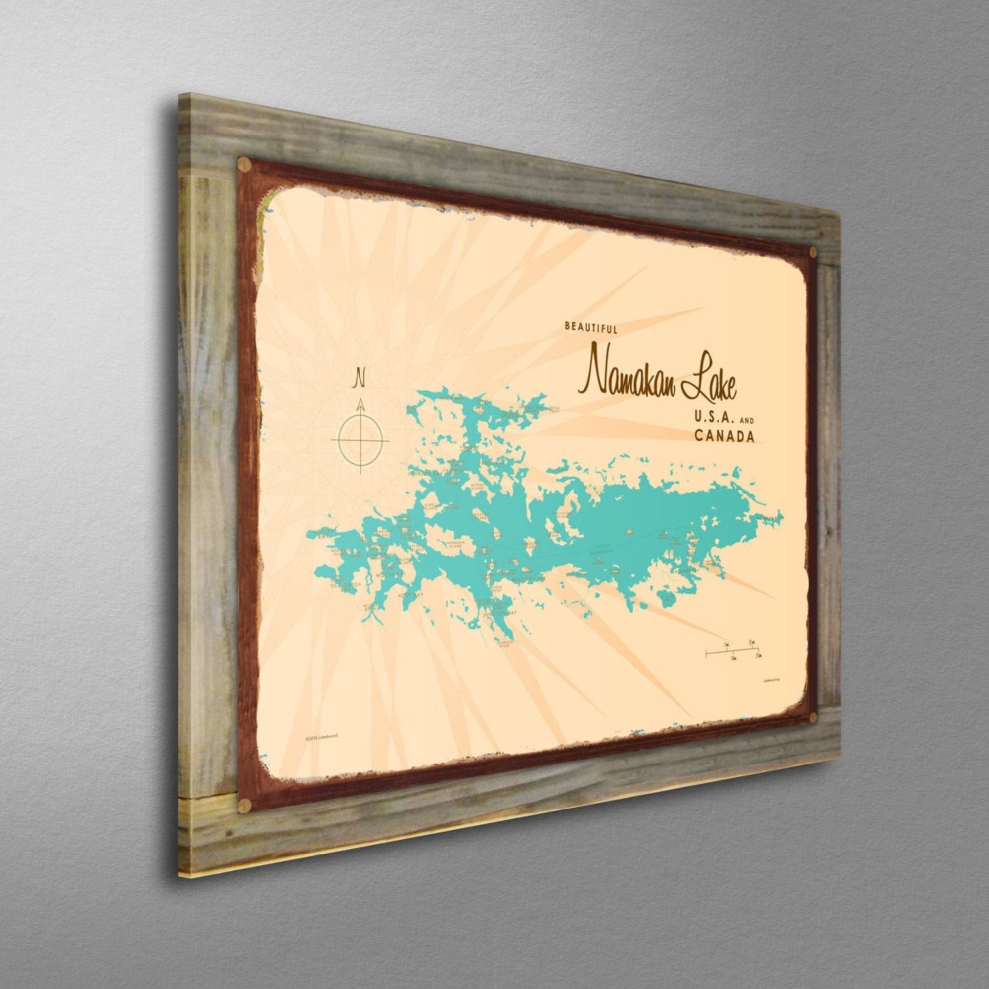 Namakan Lake Minnesota, Wood-Mounted Rustic Metal Sign Map Art