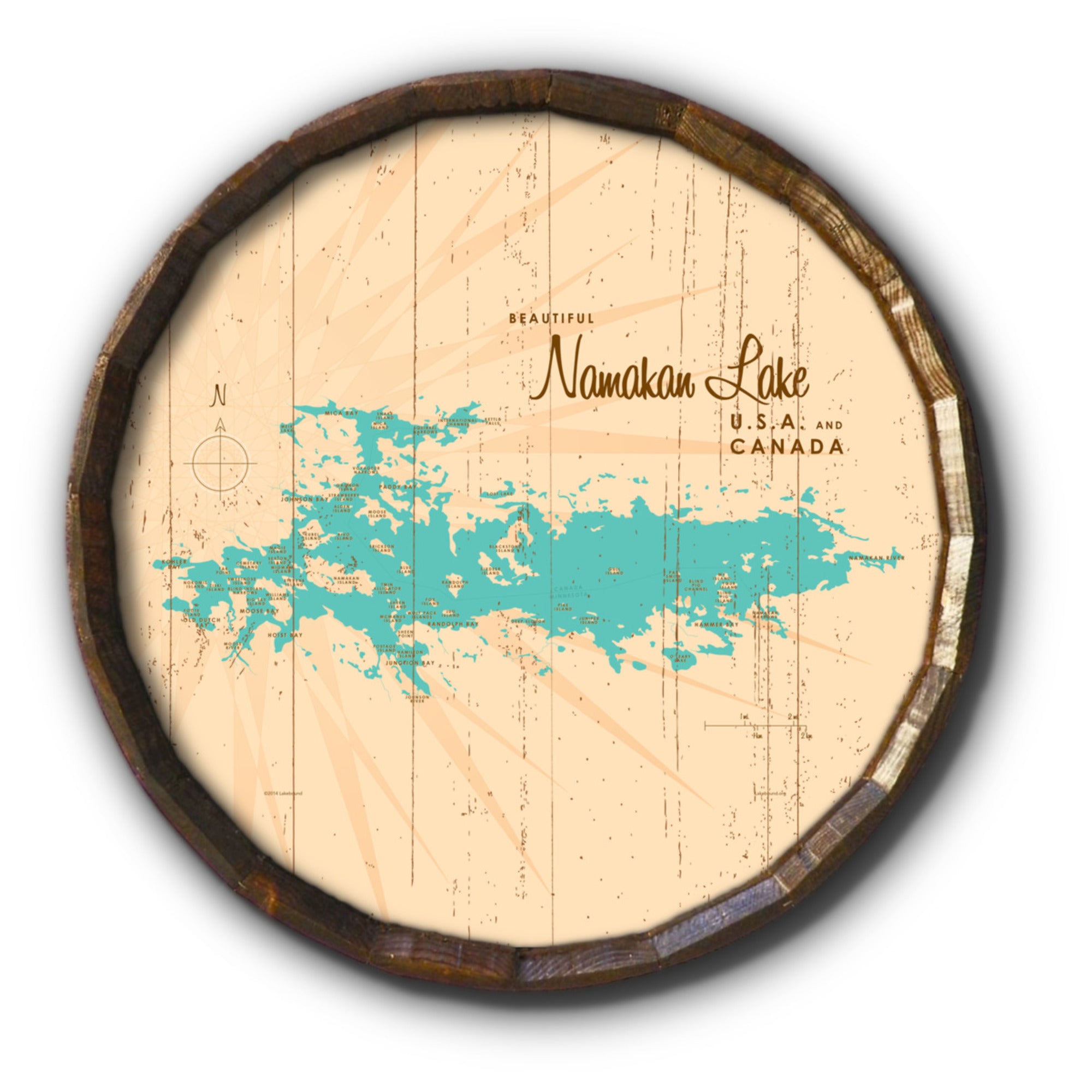 Namakan Lake Minnesota, Rustic Barrel End Map Art
