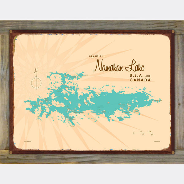 Namakan Lake Minnesota, Wood-Mounted Rustic Metal Sign Map Art