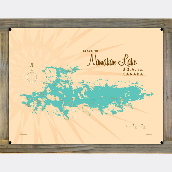 Namakan Lake Minnesota, Wood-Mounted Metal Sign Map Art