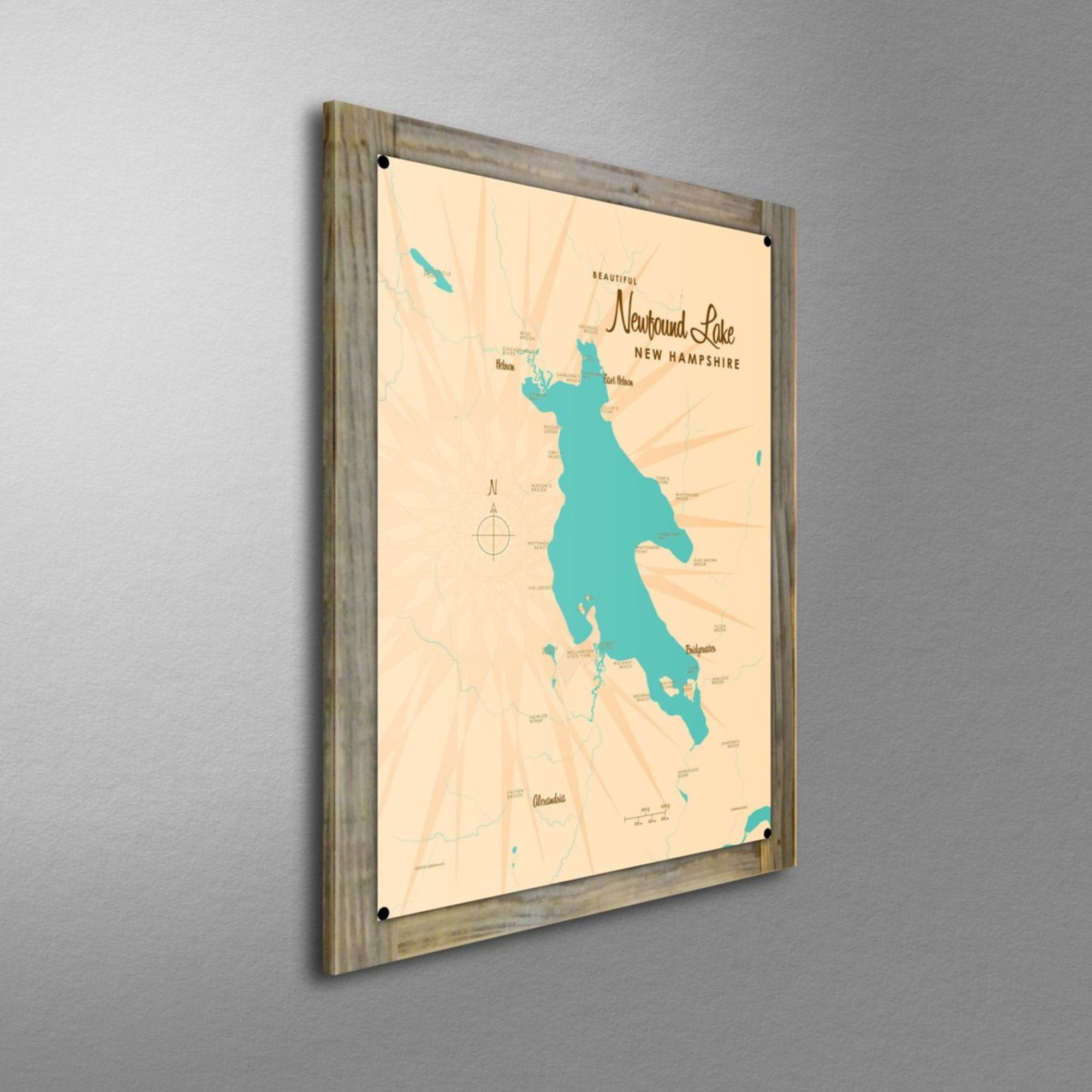 Newfound Lake New Hampshire, Wood-Mounted Metal Sign Map Art