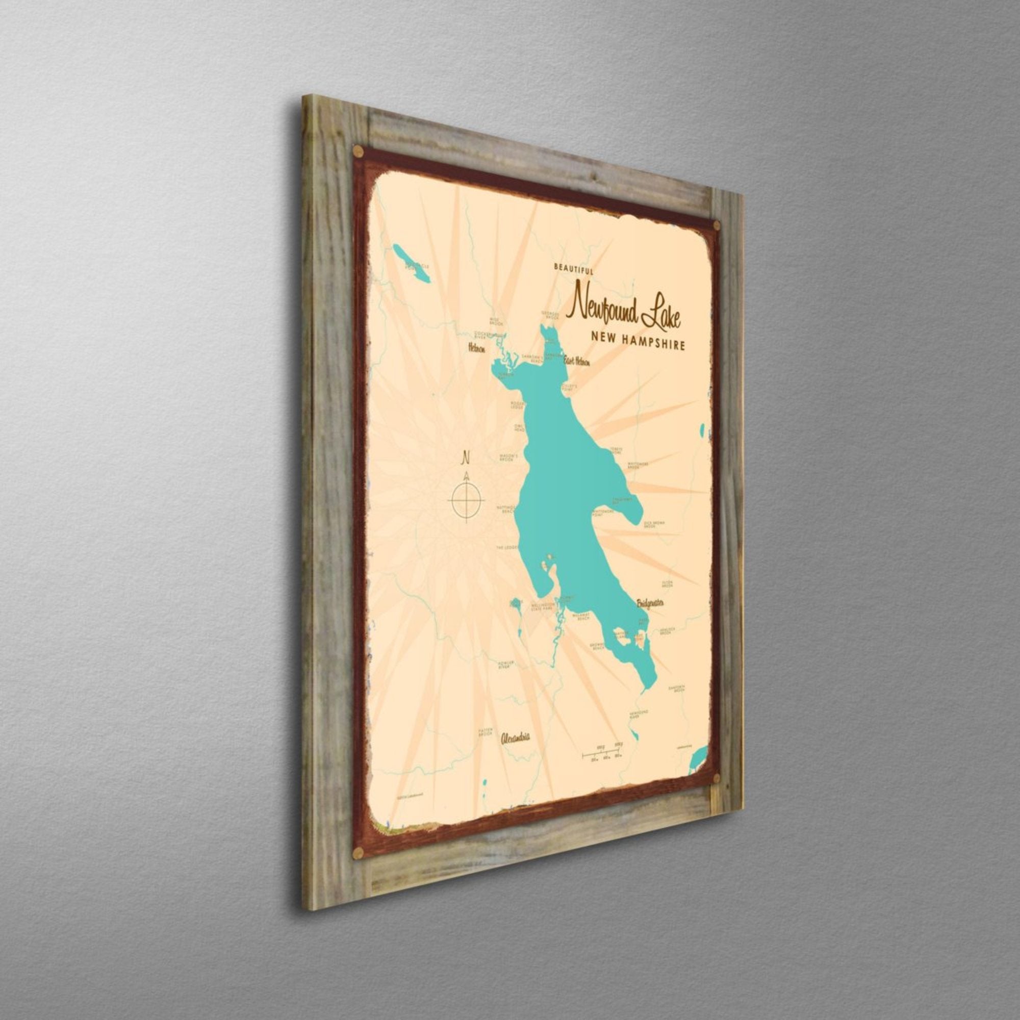 Newfound Lake New Hampshire, Wood-Mounted Rustic Metal Sign Map Art
