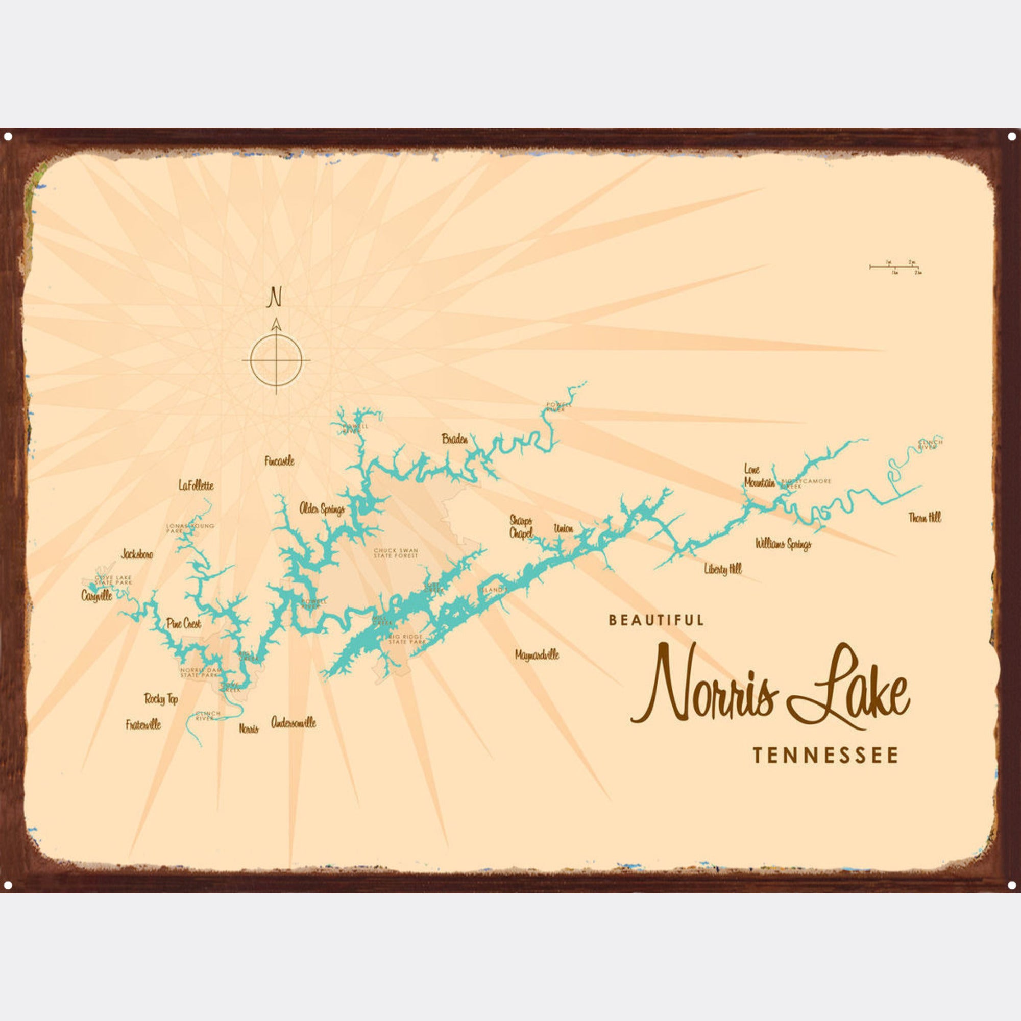 Norris Lake Tennessee, Rustic Metal Sign Map Art