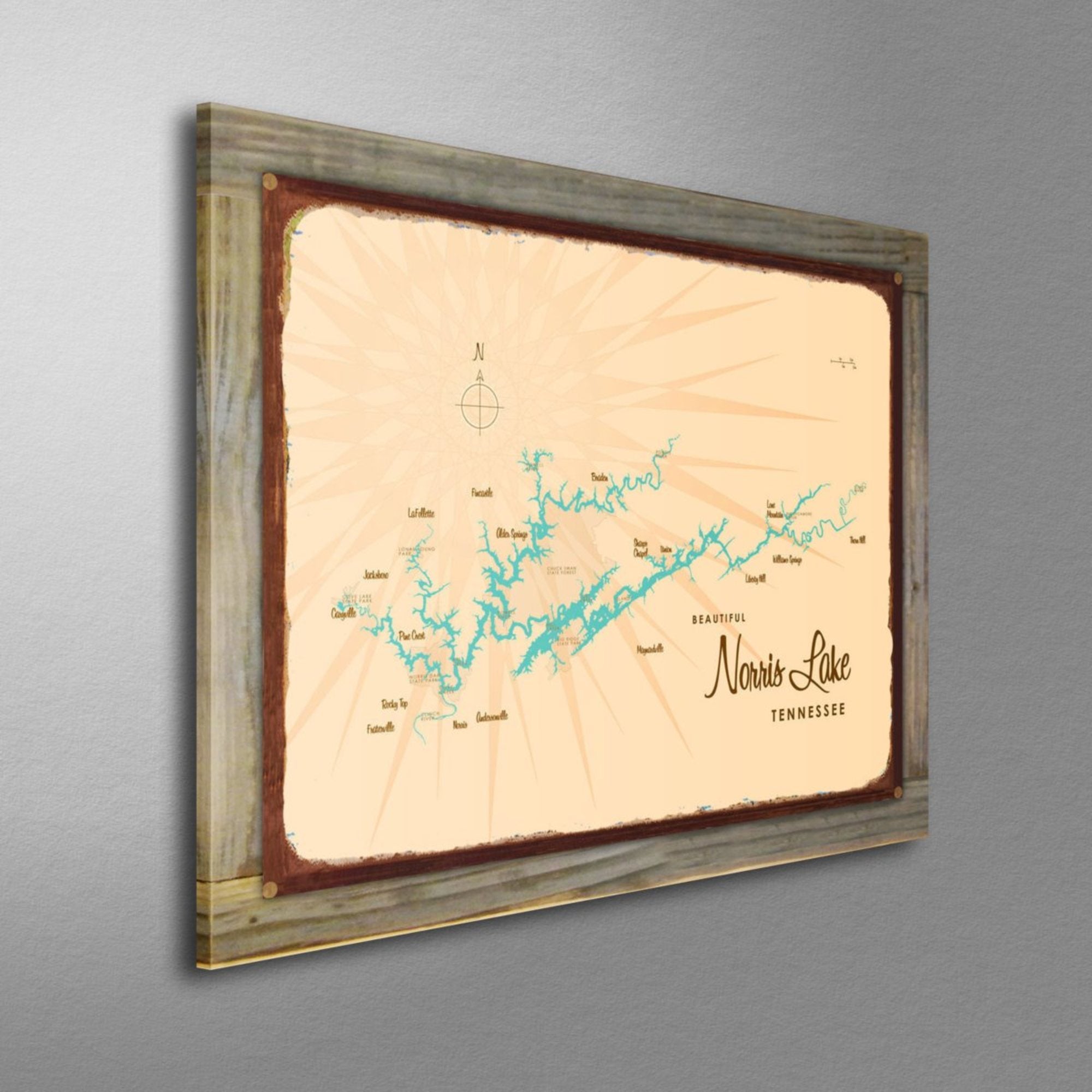 Norris Lake Tennessee, Wood-Mounted Rustic Metal Sign Map Art
