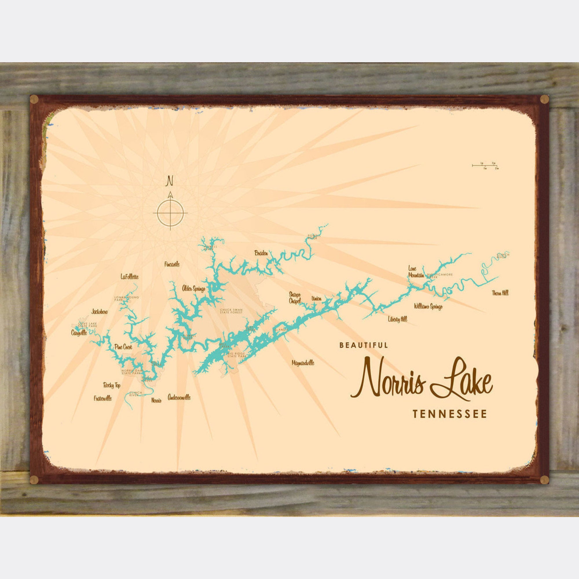 Norris Lake Tennessee, Wood-Mounted Rustic Metal Sign Map Art